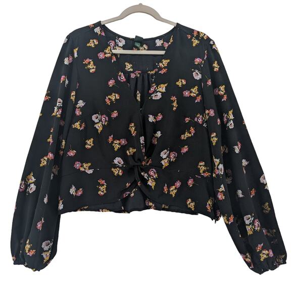 Wild Fable Cropped Blouse XXL Black Floral Side Zip Knot Front Bohemian Flower - Picture 1 of 12